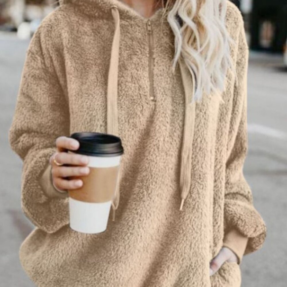 Full Size Quarter-Zip Drawstring Hoodie Shearling Runway